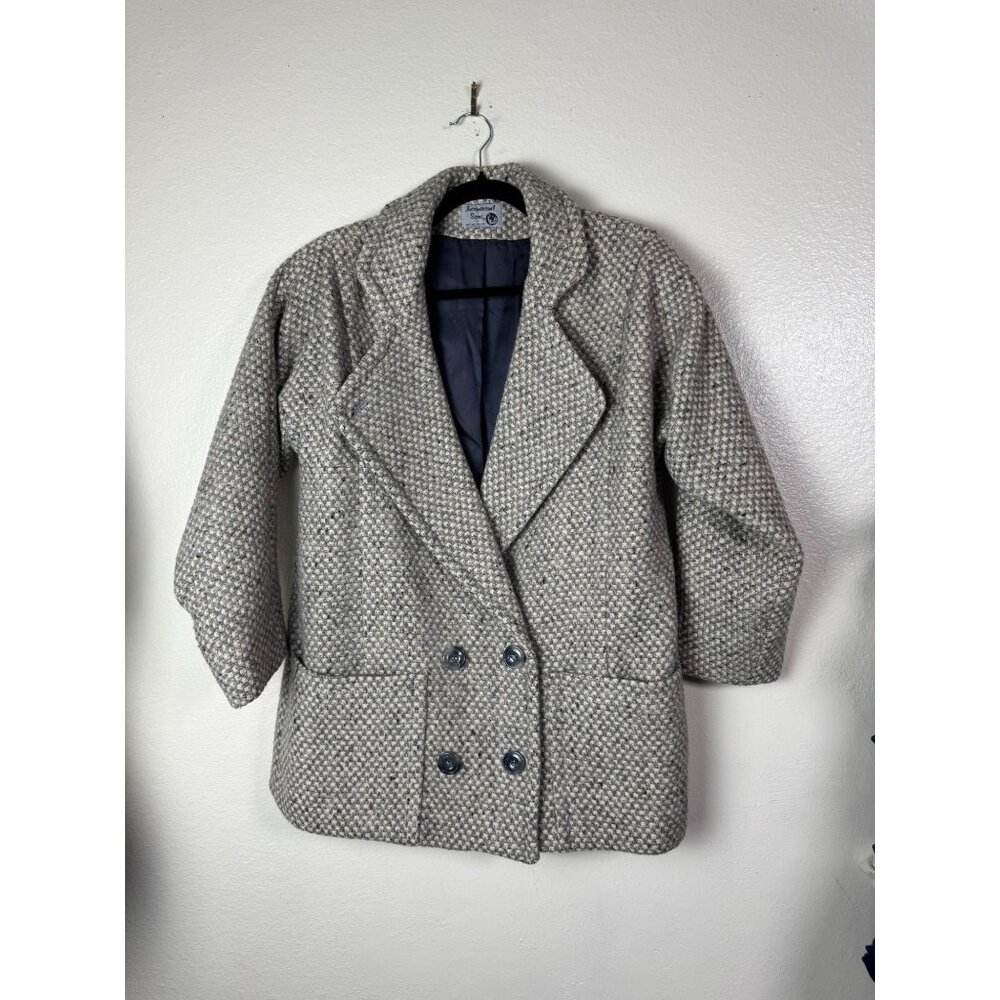 Vtg International Scene Womens Wool Double Breasted Blazer Pea Coat Sz 12‎ Tweed